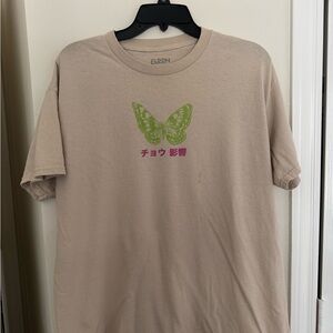 Tan T-Shirt with Green Butterfly Print